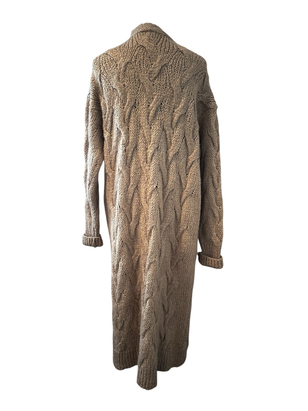 Zara Long Taupe Tan Cable Knit Open Long Line Cardigan with Pockets - Picture 2 of 15